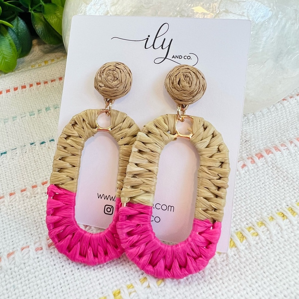 New Hot Pink and Raffia Dangle Earrings | Lightweight | Oval | Boho Barbie